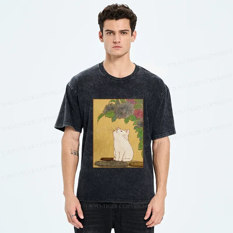 Tokyo-Tiger Cat Enjoying Flowers Washed T-Shirt