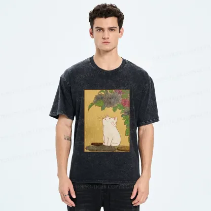 Tokyo-Tiger Cat Enjoying Flowers Washed T-Shirt