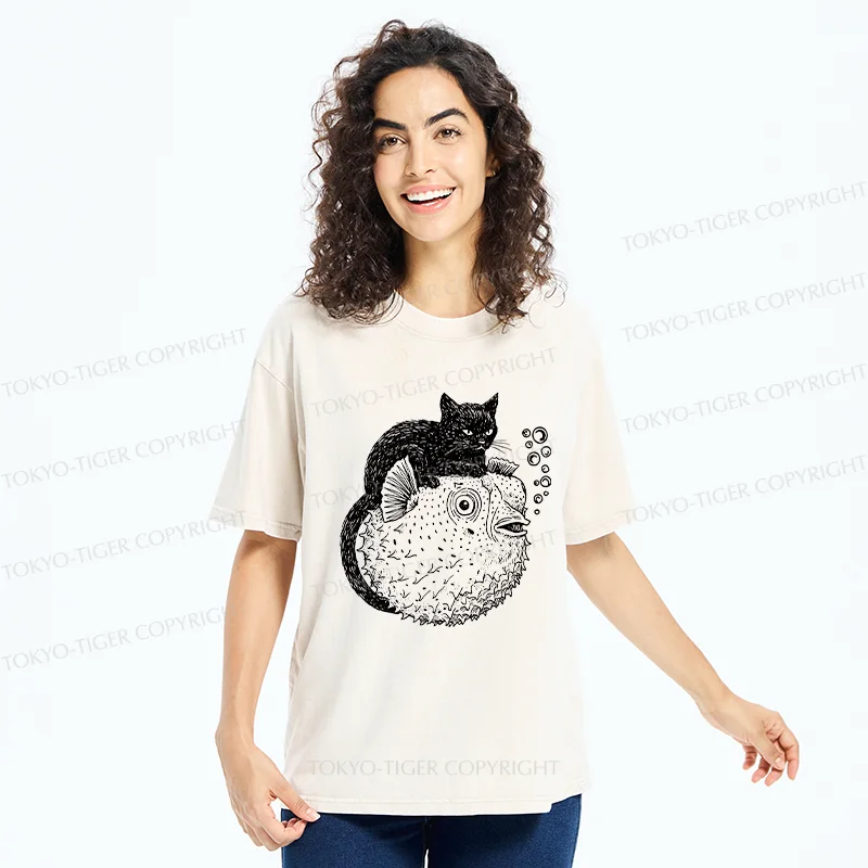 Tokyo-Tiger Black Cat Riding A Pufferfish Washed T-Shirt