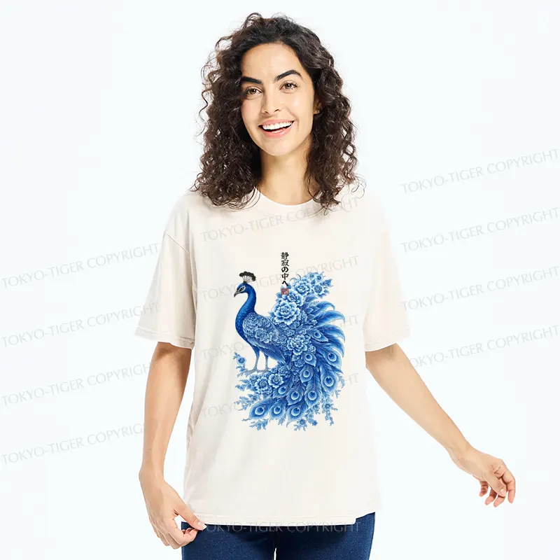 Tokyo-Tiger The Elegance Of An Ink-Wash Peacock Washed T-Shirt