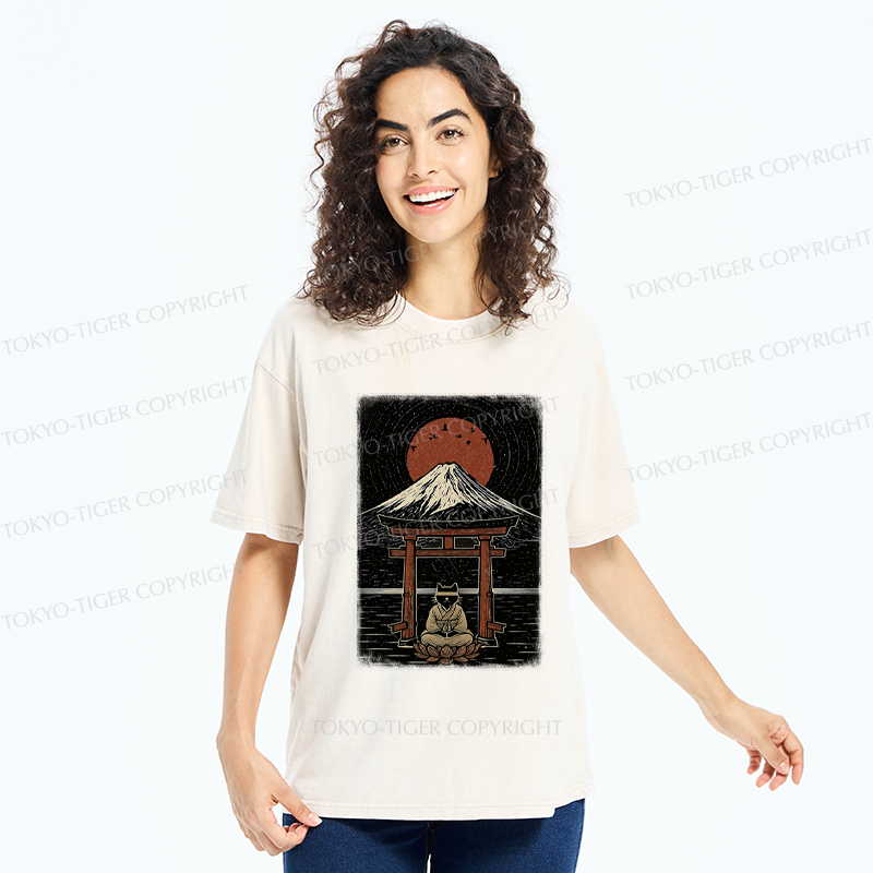 Tokyo-Tiger Samurai Cat In Meditation Washed T-Shirt