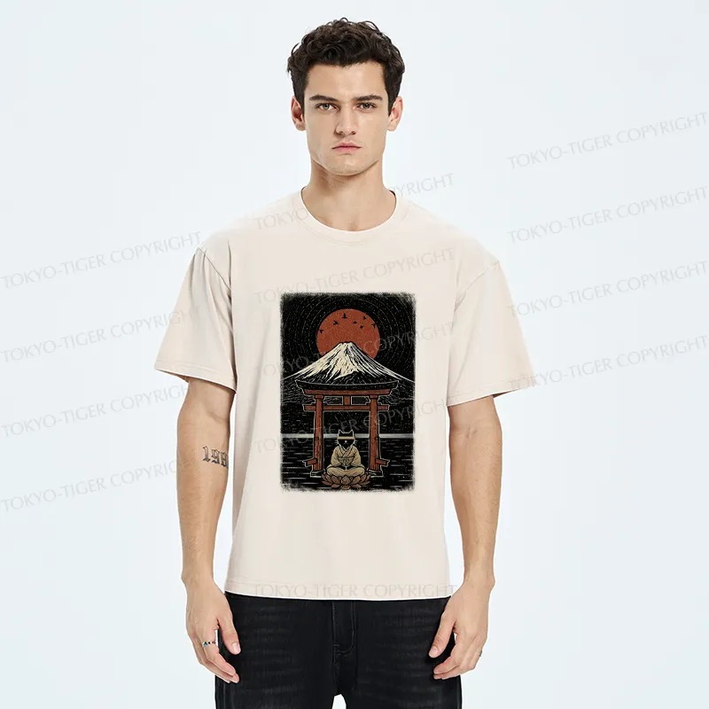 Tokyo-Tiger Samurai Cat In Meditation Washed T-Shirt
