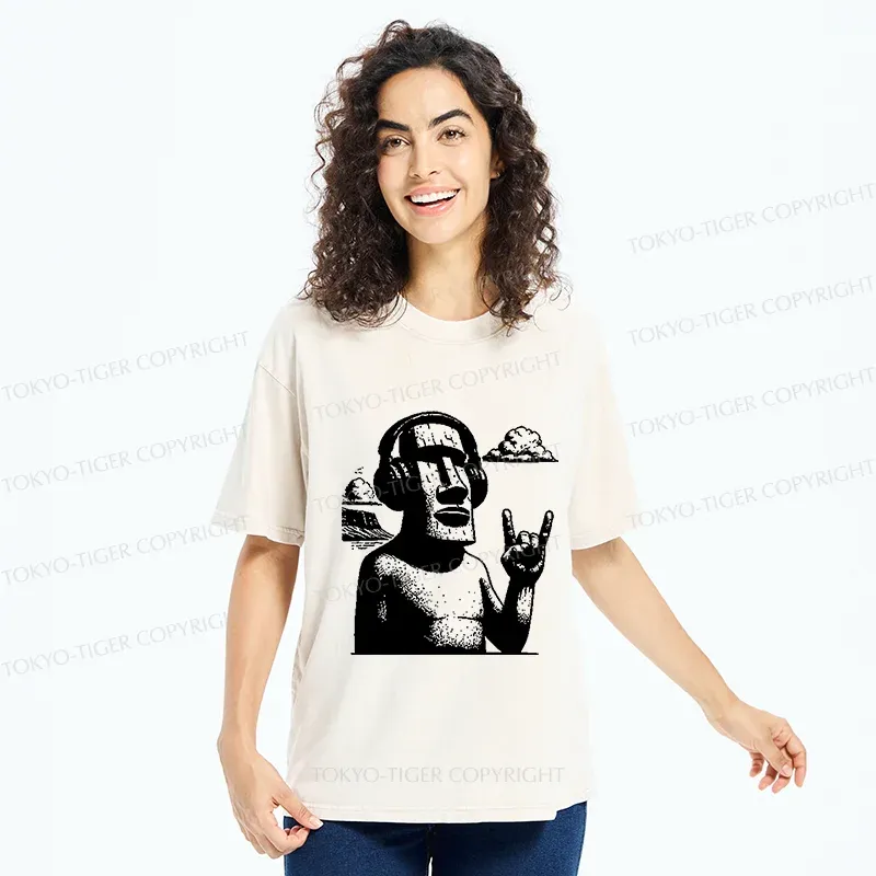 Tokyo-Tiger Rock Easter Island Statues Washed T-Shirt