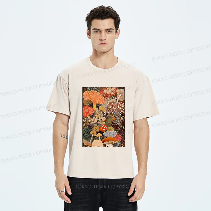 Tokyo-Tiger Psychedelic Mushroom Paintings Washed T-Shirt