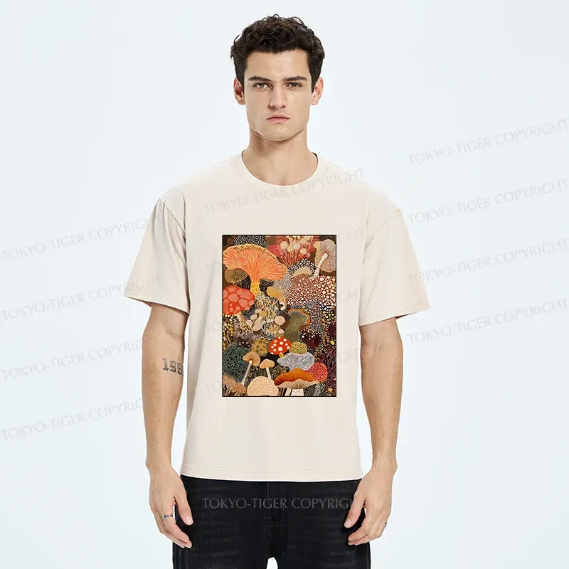 Tokyo-Tiger Psychedelic Mushroom Paintings Washed T-Shirt