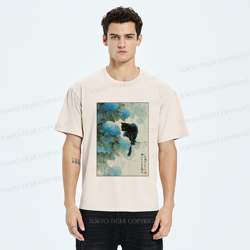 Tokyo-Tiger Like This Flower, We All Die-Hydrangea&Cat Washed T-Shirt