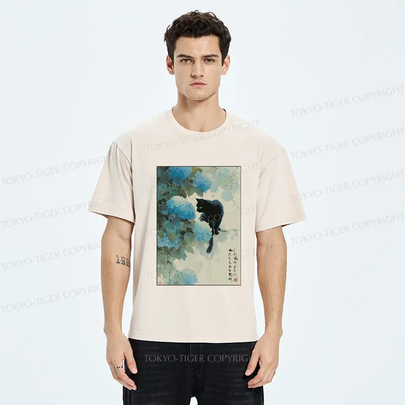 Tokyo-Tiger Like This Flower, We All Die-Hydrangea&Cat Washed T-Shirt