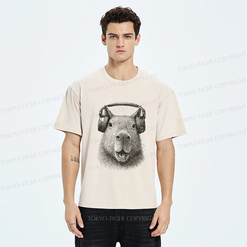 Tokyo-Tiger Capybara Listening To Music Washed T-Shirt