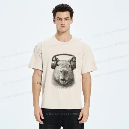 Tokyo-Tiger Capybara Listening To Music Washed T-Shirt