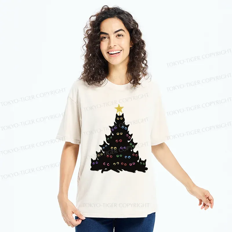 Tokyo-Tiger Cat Christmas Tree Washed T-Shirt