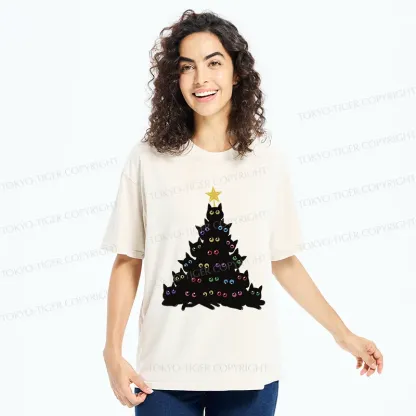 Tokyo-Tiger Cat Christmas Tree Washed T-Shirt
