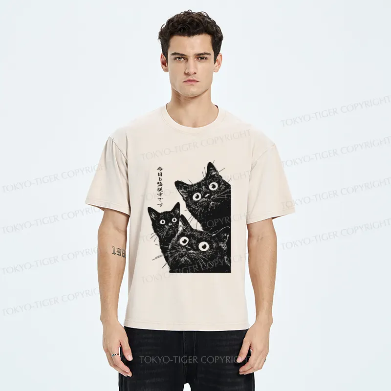 Tokyo-Tiger Three Cats Are Watching You Today Washed T-Shirt