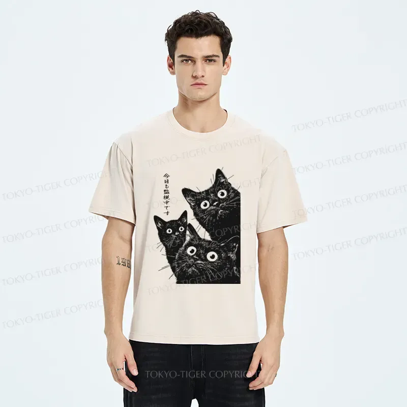 Tokyo-Tiger Three Cats Are Watching You Today Washed T-Shirt