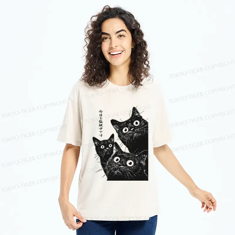 Tokyo-Tiger Three Cats Are Watching You Today Washed T-Shirt
