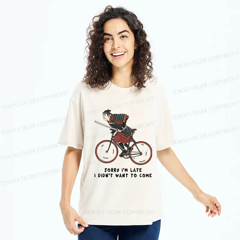 Tokyo-Tiger Samurai Riding A Bicycle Japanese Washed T-Shirt