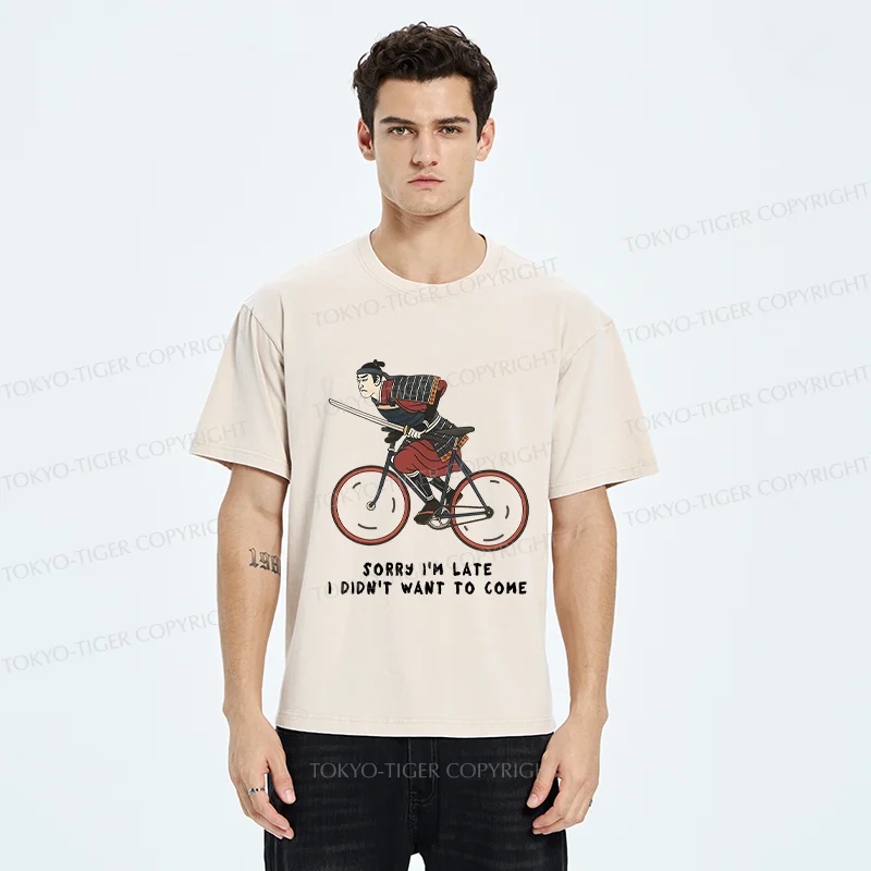 Tokyo-Tiger Samurai Riding A Bicycle Japanese Washed T-Shirt