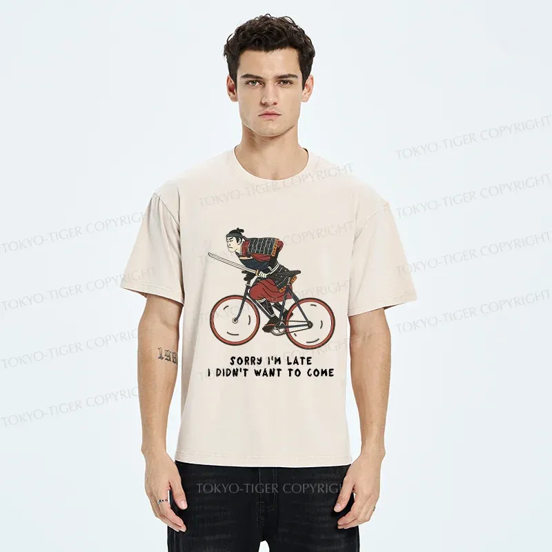 Tokyo-Tiger Samurai Riding A Bicycle Japanese Washed T-Shirt
