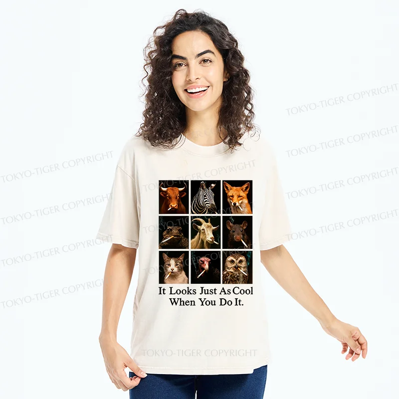 Tokyo-Tiger Various Animals Smoking Washed T-Shirt