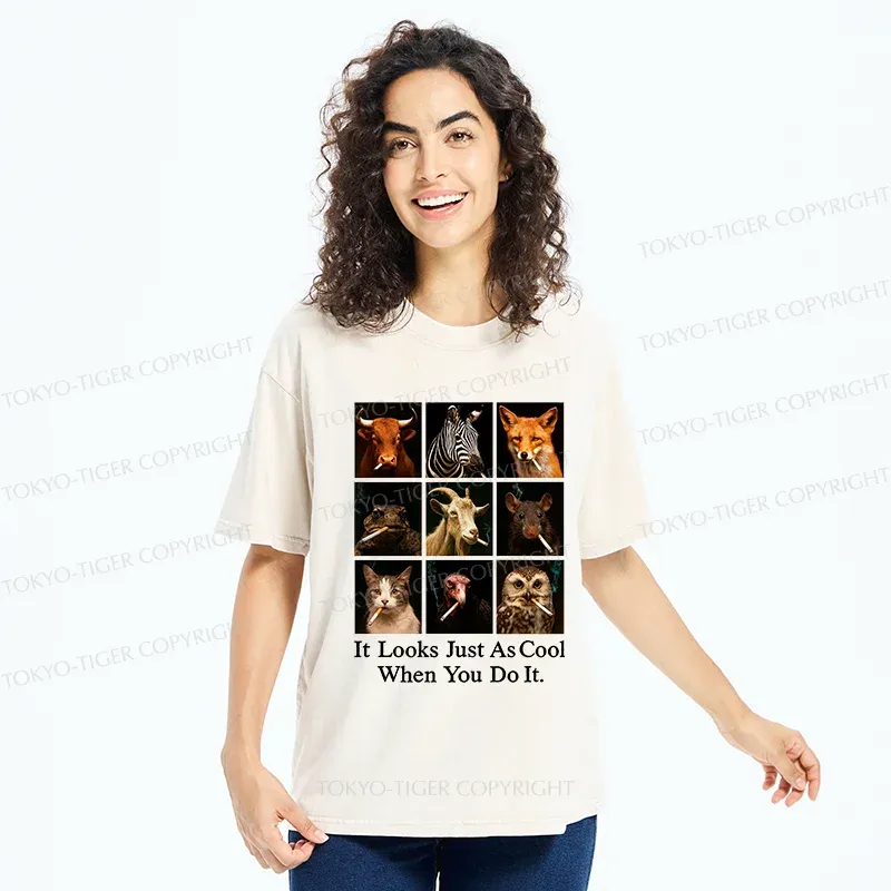 Tokyo-Tiger Various Animals Smoking Washed T-Shirt