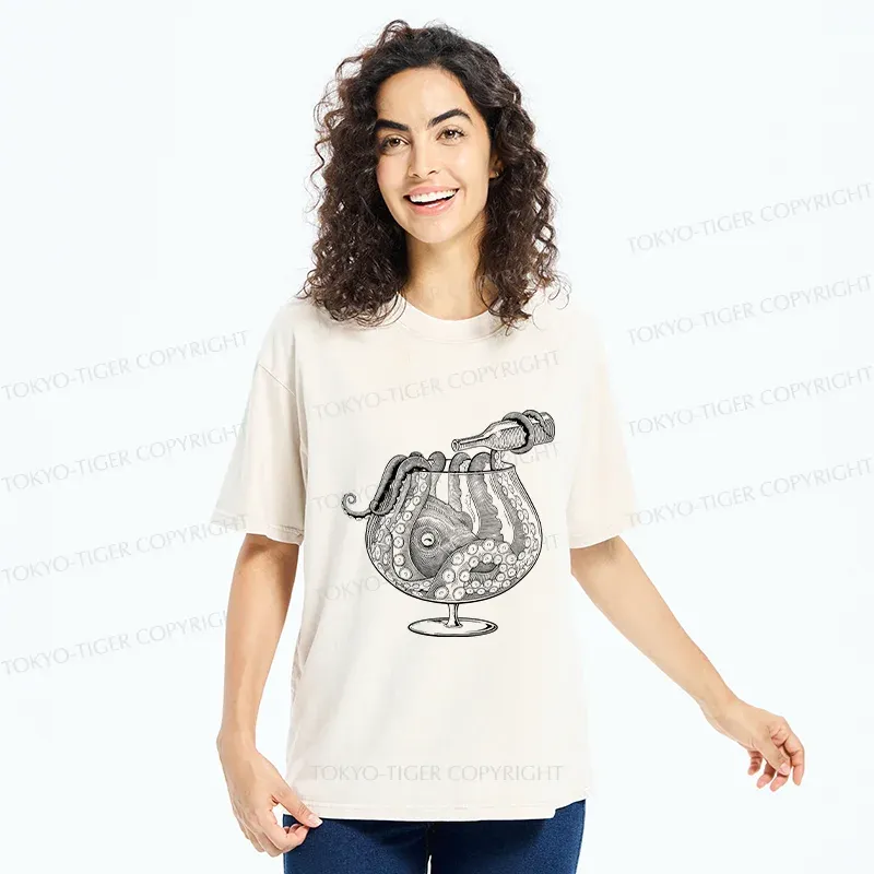 Tokyo-Tiger Octopus Drinking Wine Washed T-Shirt