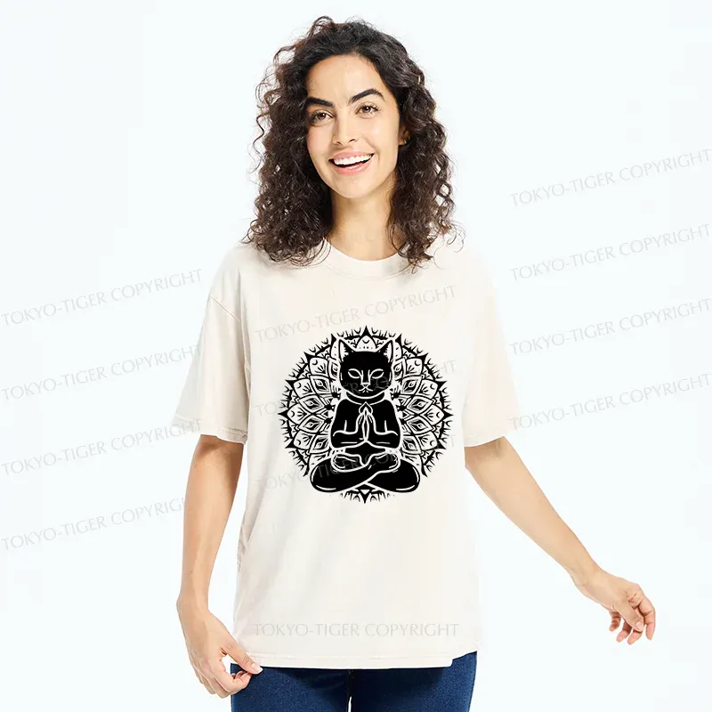 Tokyo-Tiger Yoga Cat Japanese Washed T-Shirt