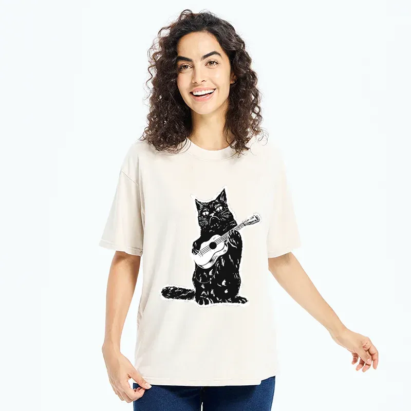Tokyo-Tiger Cat Playing Guitar Washed T-Shirt