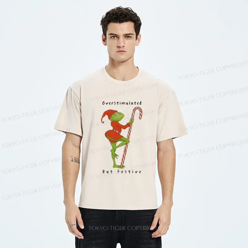 Tokyo-Tiger Funny Frog：Overstimulated But Festive Washed T-Shirt