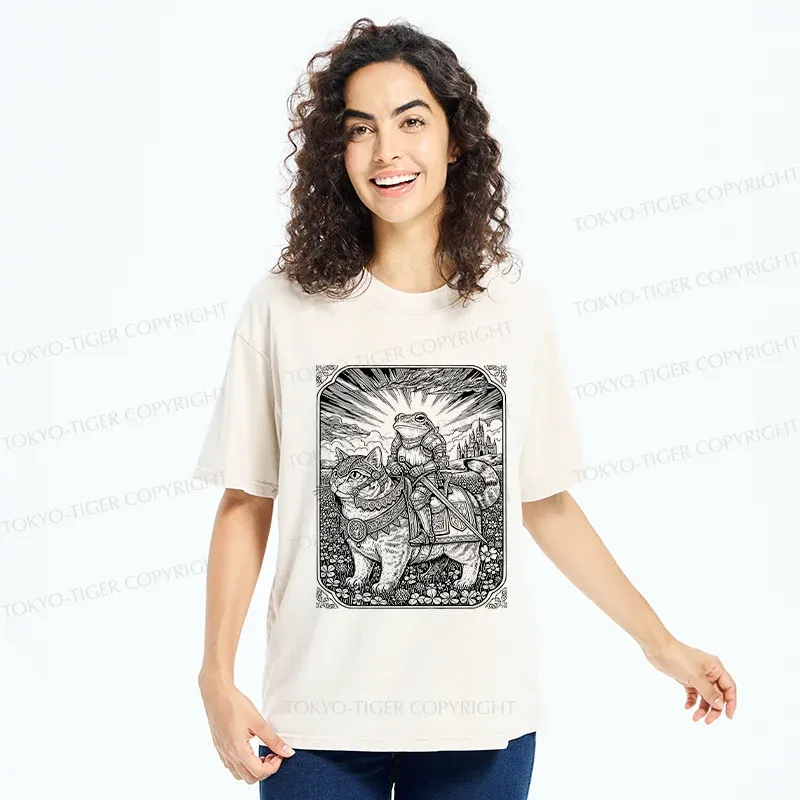 Tokyo-Tiger Frog Riding Cat Retro Washed T-Shirt
