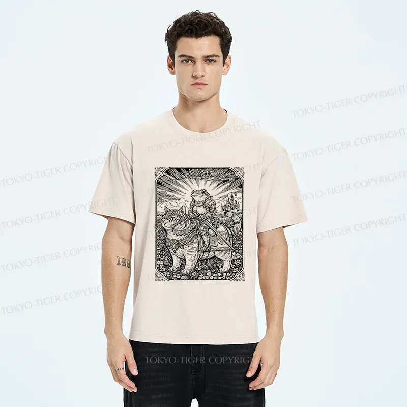 Tokyo-Tiger Frog Riding Cat Retro Washed T-Shirt