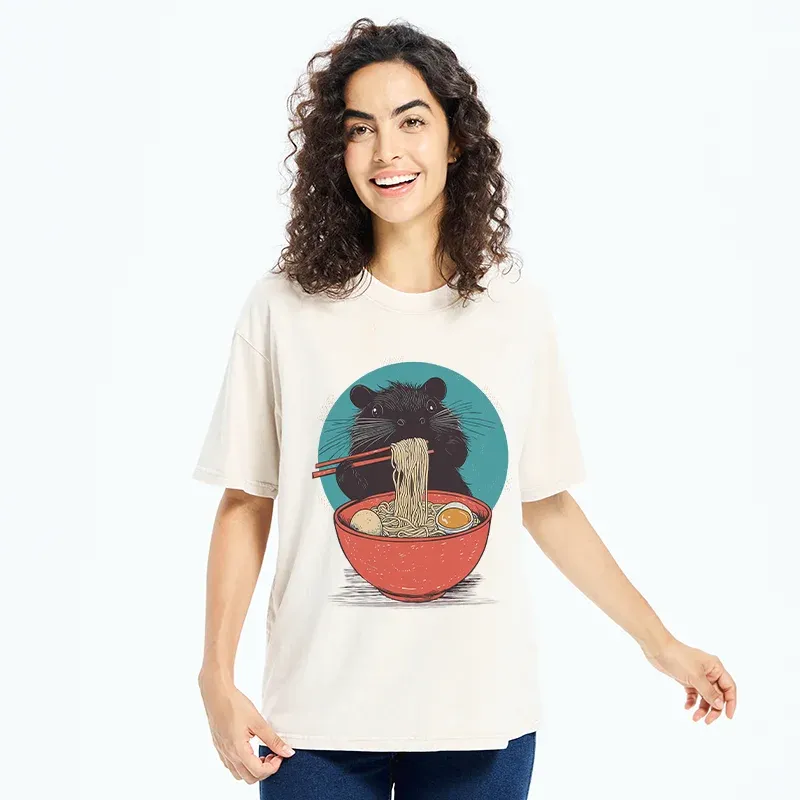 Tokyo-Tiger Hamster Eating Ramen Washed T-Shirt