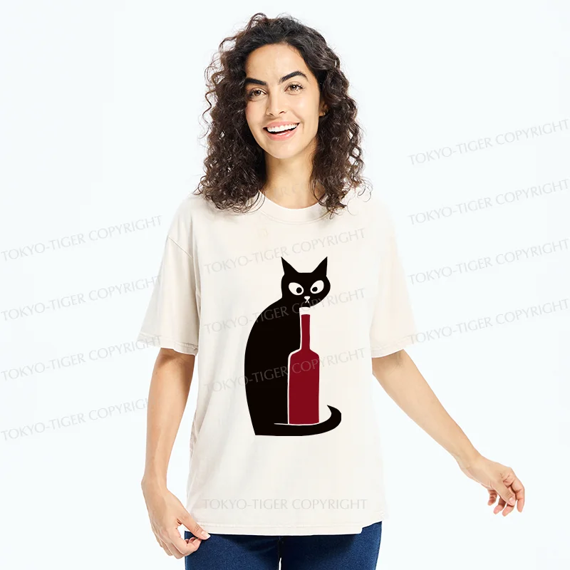 Tokyo-Tiger Black Cat And Wine Washed T-Shirt