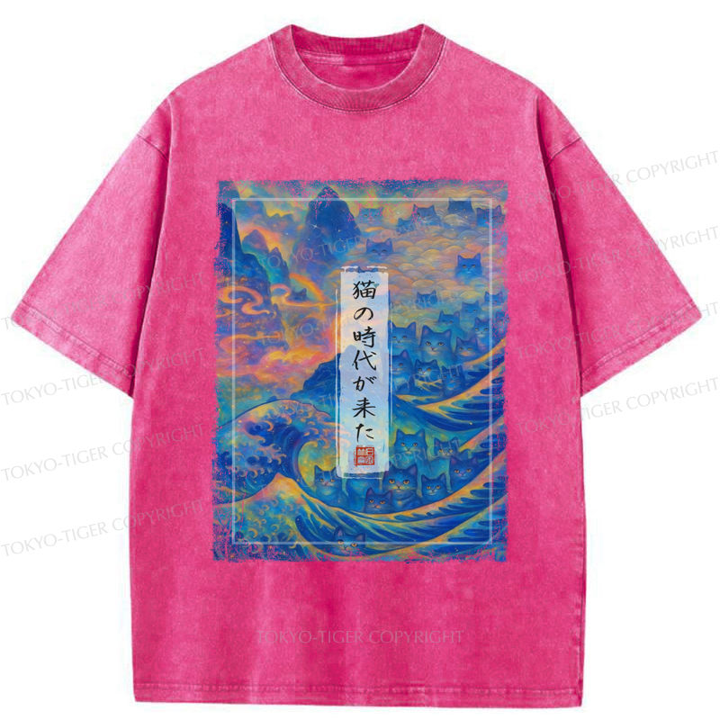 Tokyo-Tiger Riding the Feline Wave Time  Washed  T-Shirt