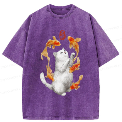 Tokyo-Tiger Zen Cat And The Dancing Fish Washed T-Shirt