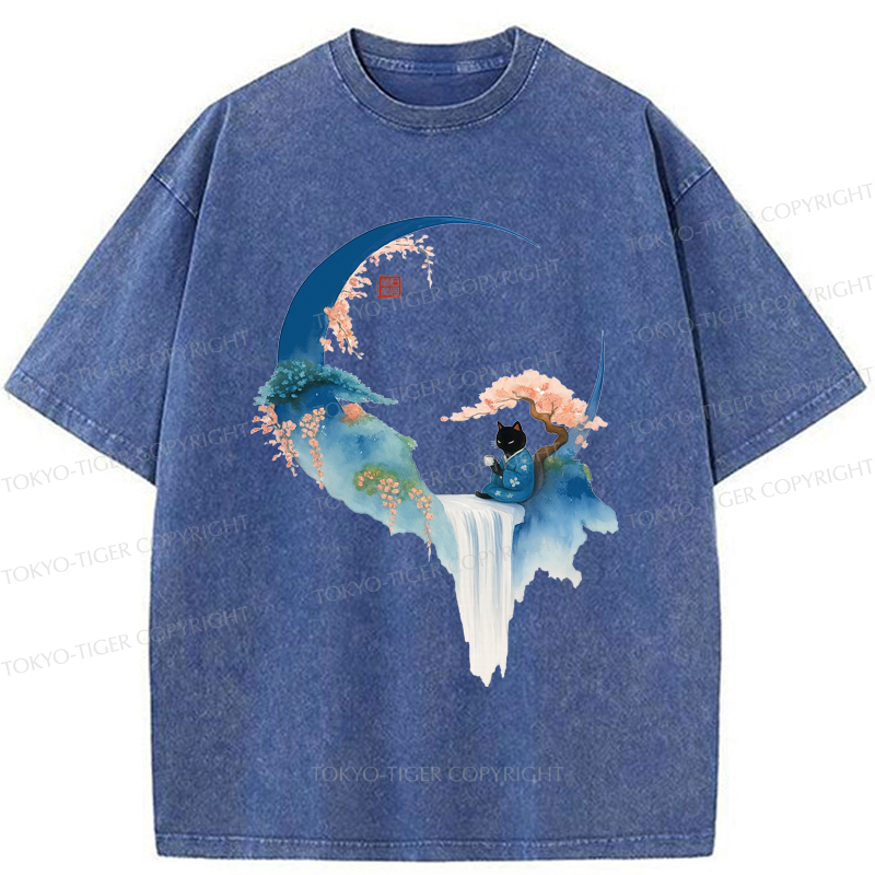 Tokyo-Tiger Tea And Tranquility: A Cat’s Zen Moment Washed T-Shirt