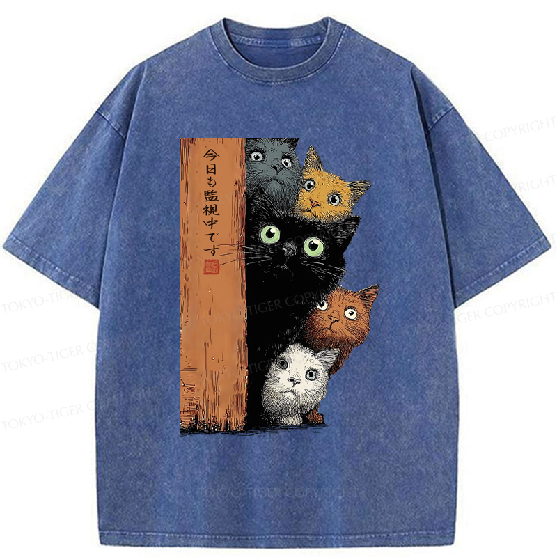 Tokyo-Tiger Five Cats Are Watching You Washed T-Shirt