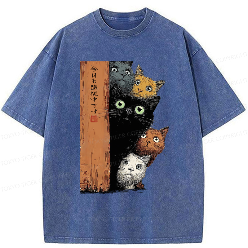 Tokyo-Tiger Five Cats Are Watching You Washed T-Shirt
