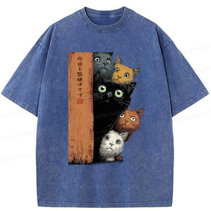 Tokyo-Tiger Five Cats Are Watching You Washed T-Shirt