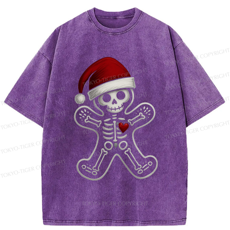Tokyo-Tiger Funny Christmas Skull Gingerbread Man Washed T-Shirt