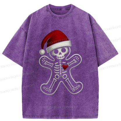 Tokyo-Tiger Funny Christmas Skull Gingerbread Man Washed T-Shirt