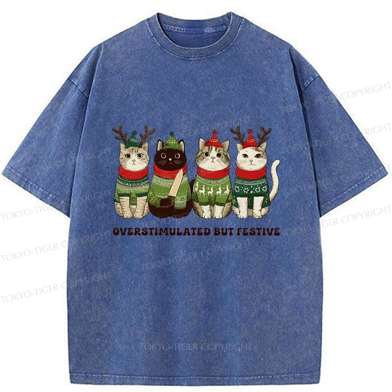 Tokyo-Tiger Overstimulated But Festive Cat Christmas Washed T-Shirt