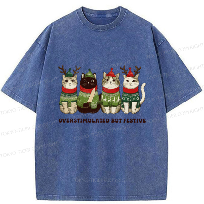 Tokyo-Tiger Overstimulated But Festive Cat Christmas Washed T-Shirt