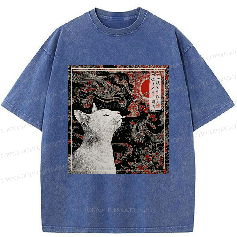 Tokyo-Tiger Vintage Japanese Smoking Cat Washed T-Shirt
