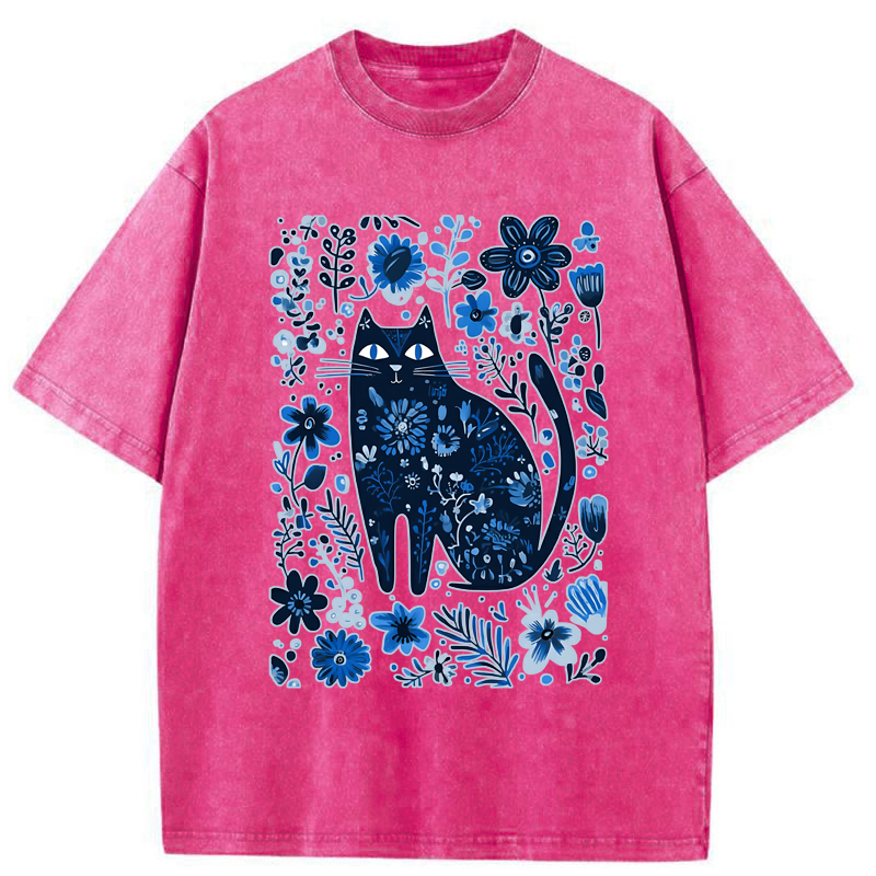 Tokyo-Tiger A Cat Among Flowers Washed T-Shirt