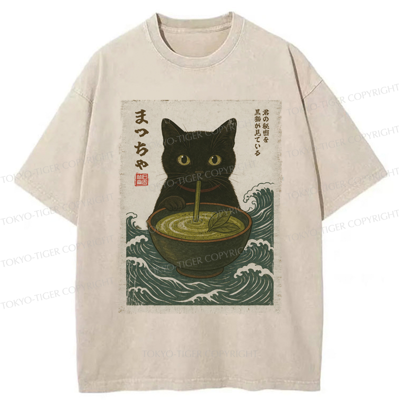 Tokyo-Tiger Black Cat and Matcha with Waves Washed T-Shirt