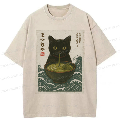 Tokyo-Tiger Black Cat and Matcha with Waves Washed T-Shirt