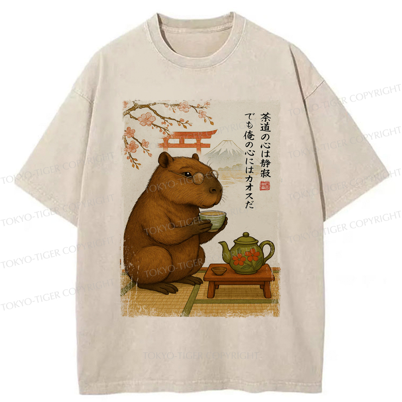 Tokyo-Tiger Tea Time With a Capybara Washed T-Shirt