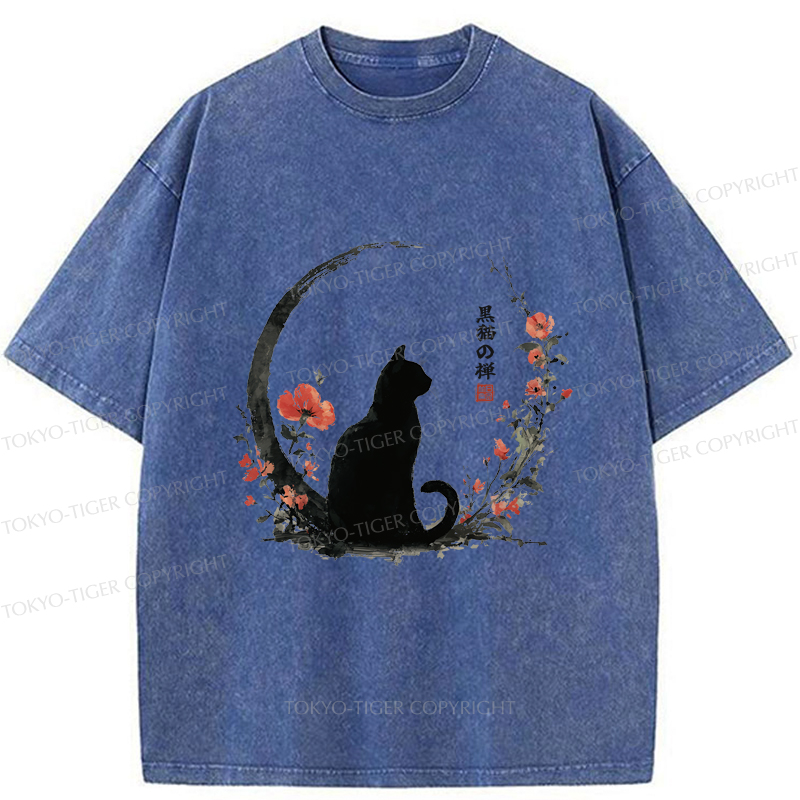 Tokyo-Tiger Black Cat And Flowers Washed T-Shirt