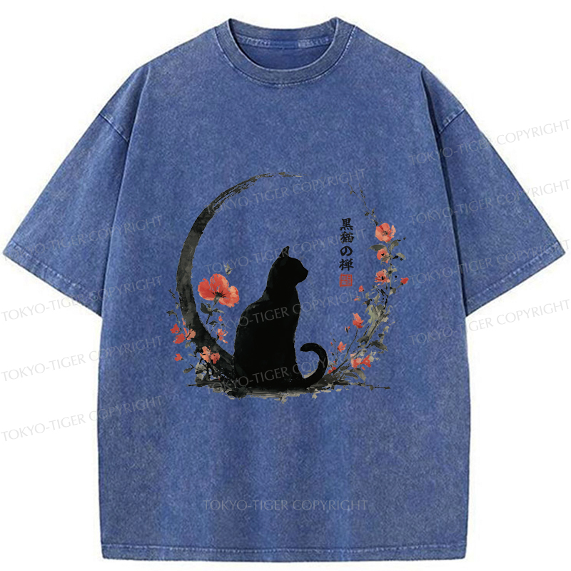 Tokyo-Tiger Black Cat And Flowers Washed T-Shirt