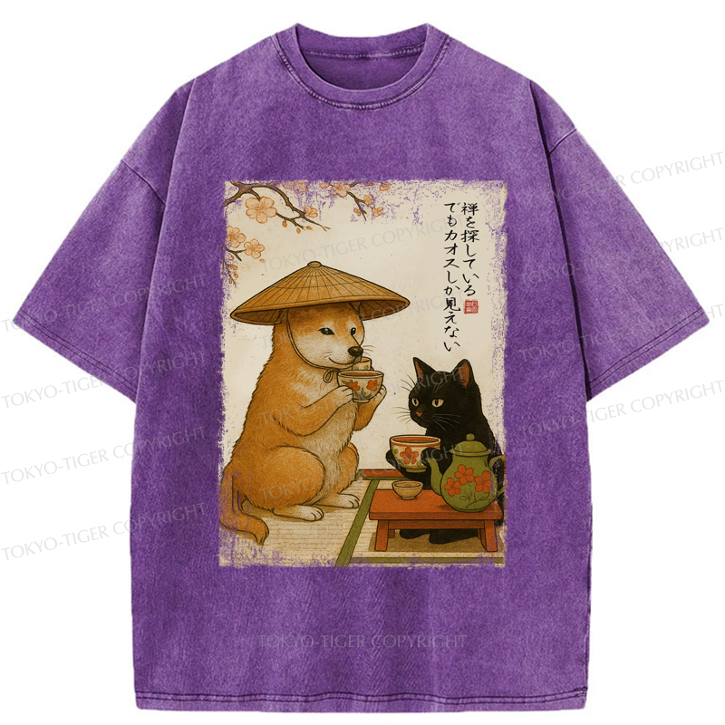 Tokyo-Tiger Tea Time with Shiba Inu and Black Cat Washed T-Shirt