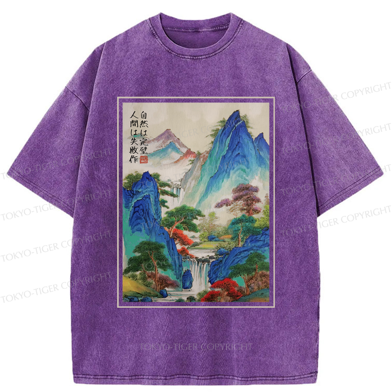 Tokyo-Tiger Japanese Mountain And River Attractions Washed T-Shirt